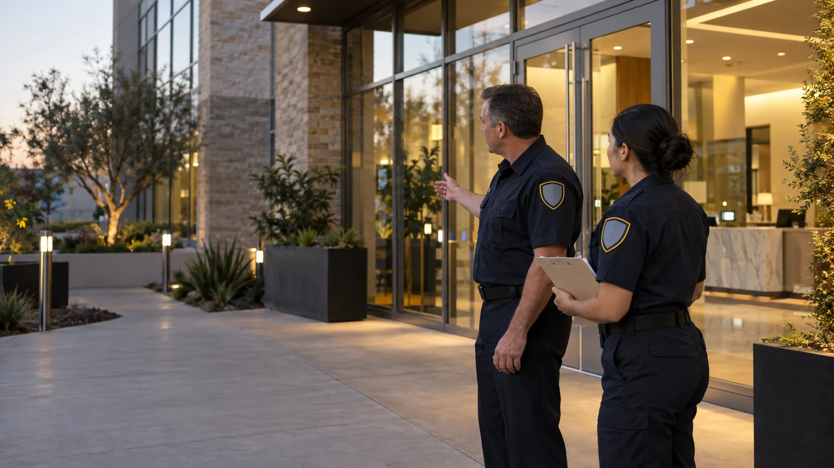 Illustrative security officers reviewing a commercial property entrance